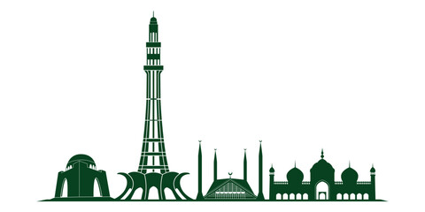 Pakistan skyline and landmarks silhouette, vector illustration. stock illustration - obrazy, fototapety, plakaty