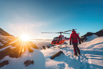 Search and rescue operation in mountains. Medical rescue helicopter landing in snowy mountains. Created with Generative AI - obrazy, fototapety, plakaty