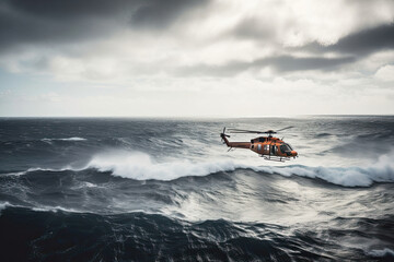 Search and rescue operation in sea. Emergency rescue helicopter flies over sea surface, looking for victims after crash. Created with Generative AI
