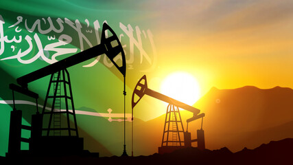 Silhouette of Oil pump on background of flag of Saudi Arabia against the sunset or sunrise. EPS10 vector