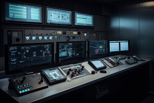 Central control panel. Operator workplace with a lot of screens and buttons for monitoring technology process at production line. Created with Generative AI