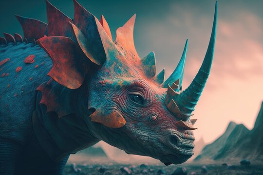 Chasmosaurus Colorful Dangerous Dinosaur in Lush Prehistoric Nature by Generative AI