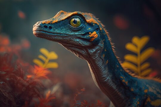 Coelophysis Colorful Dangerous Dinosaur in Lush Prehistoric Nature by Generative AI