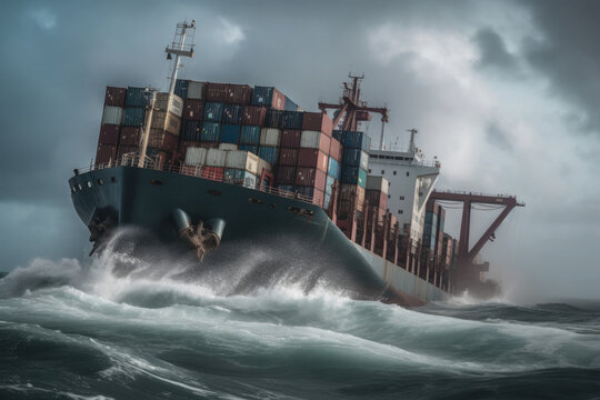 Cargo ship with containers on board in stormy sea. Strong waves damaged cargo ship, wrecked containers in water. Created with Generative AI