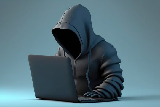 Hooded hacker with laptop on blue background. 3D illustration
