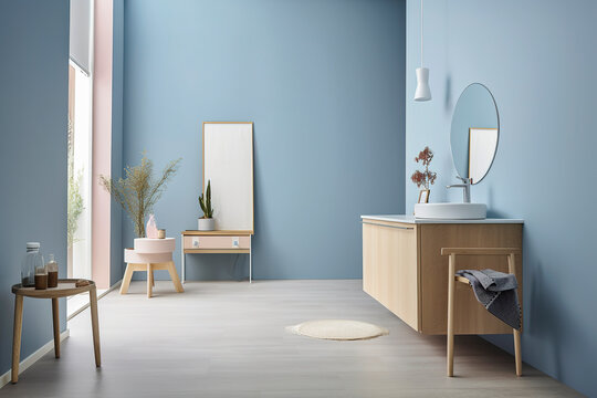 Generative AI illustration of minimalist bathroom with powdery colors walls, birch plywood bathroom cabinet,