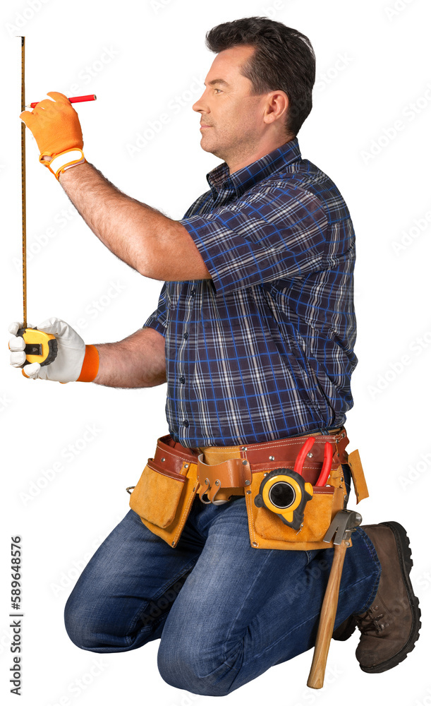 Wall mural Male worker with tool belt isolated on white  background