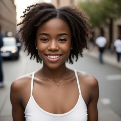 Fototapeta na wymiar Young cool sfrican american girl walking in the street. Generative AI