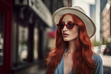 Fototapeta premium Beautiful red-haired girl in her 20s in a hat and sunglasses in a fashionable dress on the streets of new york in sunlight