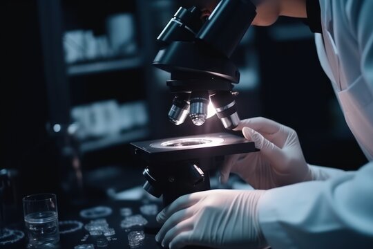Closeup of scientist hands with microscope, Professional doctor examining samples at medical laboratory, Scientific and healthcare research concept