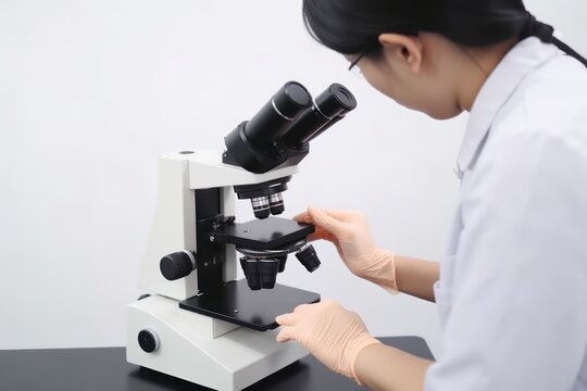 Medical laboratory, scientist hands using microscope for examining samples and liquid, Scientific and healthcare research background