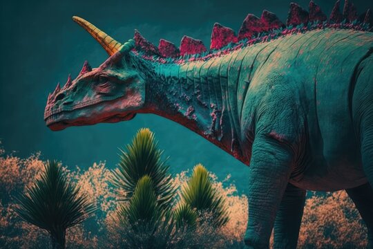 Lambeosaurus Colorful Dangerous Dinosaur in Lush Prehistoric Nature by Generative AI