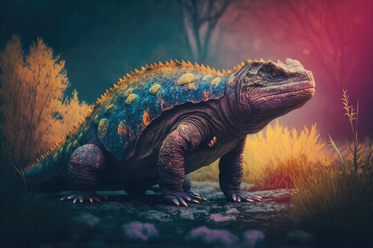 Lystrosaurus Colorful Dangerous Dinosaur in Lush Prehistoric Nature by Generative AI