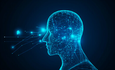 Futuristic medical technology abstract head abstract head graph of a person with graphs and cables on a background. Hi tech Wireframe human AI system concept