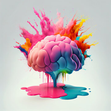 Human brain exploding in multiple colors, with bursts of paint and powder. Abstract concept for creativity, ideas, imagination, creative thinking, knowledge, art.  Generative AI 