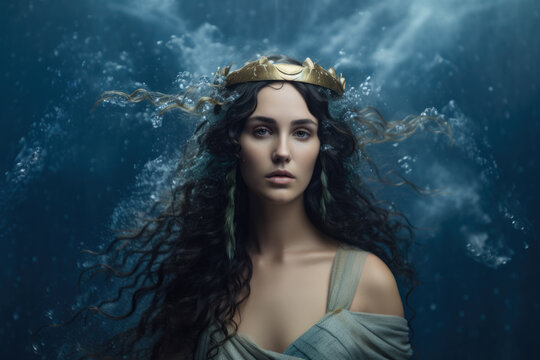 Amphitrite's Beauty portrait of a woman in the style of ancient Greek art, showcasing the elegance and power of the queen of the sea, generative ai