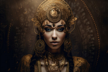 Arabian Nights inspired portrait of a woman with intricate henna tattoos and a golden headdress, generative ai