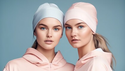 Woman with beautiful and healthy skin touching her face after using cosmetics. Sportswear colorful background. Generative AI