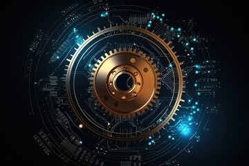 Gear wheel on circuit board. Generative AI.
