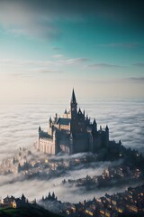 Fototapeta premium Citadel in the clouds, big old castle, generative ai art illustration 14