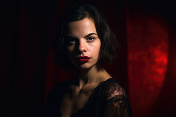 attractive and fascinating woman with red lips and mysterious expression in a dimly lit room, generative ai