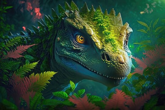 Talarurus Colorful Dangerous Dinosaur in Lush Prehistoric Nature by Generative AI