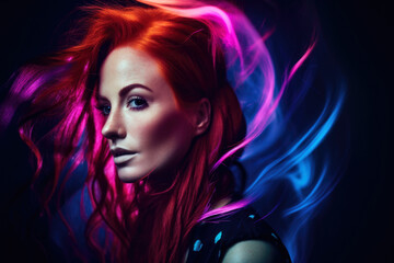 attractive neon portrait of a woman with fiery red hair, against a deep purple background with swirling shapes, generative ai