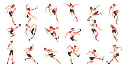 Football or Soccer Man Player in Uniform Passing and Kicking Ball Scoring Vector Set
