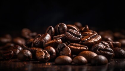 Roasted coffee beans closeup on dark defocussed and blurred background. Generative AI