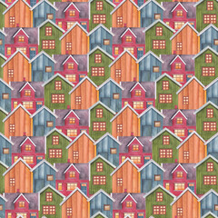 Seamless pattern with norwegian houses. Hand drawn isolated on white background.