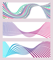 Wavy lines or ribbons. Set of 3 backgrounds. Multicolored striped gradient. Creative unusual background with abstract gradient wave lines to create a trendy banner, poster. vector eps