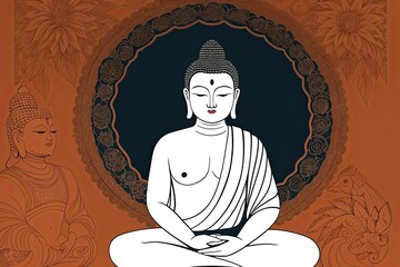 A flat illustration of the face of Buddha, with a serene expression, adorned with the Sanskrit Om Mani Padme made with Generative AI technology