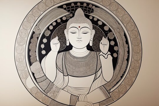 A flat illustration of the face of Buddha, with a serene expression, adorned with the Sanskrit Om Mani Padme made with Generative AI technology