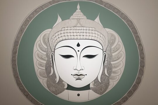 A flat illustration of the face of Buddha, with a serene expression, adorned with the Sanskrit Om Mani Padme made with Generative AI technology