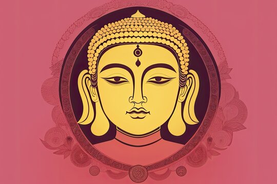 A flat illustration of the face of Buddha, with a serene expression, adorned with the Sanskrit Om Mani Padme made with Generative AI technology