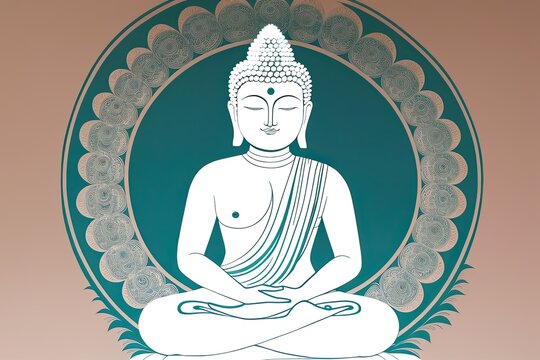 A flat illustration of the face of Buddha, with a serene expression, adorned with the Sanskrit Om Mani Padme made with Generative AI technology