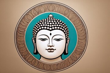 A flat illustration of the face of Buddha, with a serene expression, adorned with the Sanskrit Om Mani Padme made with Generative AI technology