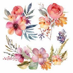 illustrazione di fiori in stile acquarello , ghirlande e bouquet, toni pastello, facilmente scontornabili, cretata con ai - obrazy, fototapety, plakaty