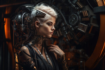 Obraz na płótnie Canvas bold and empowering portrait of a woman with striking features, dressed in a futuristic outfit and surrounded by mechanical elements and abstract shapes, generative ai