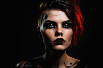 Bold and confident woman with striking makeup in a dramatic and edgy portrait, generative ai