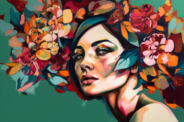 bold and striking portrait of a strong and confident woman, adorned with bold floral motifs in a modern art style, generative ai