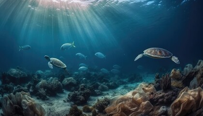 Fototapeta na wymiar Under the ocean, a photo with garbage, caretta caretta and fish. Environmental pollution concept. Generative AI