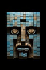 Wood block sculpture of a face. Generative AI