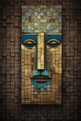Wood block sculpture of a face. Generative AI