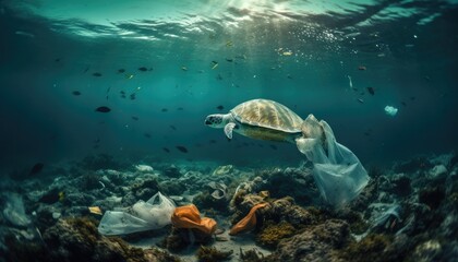 Under the ocean, a photo with garbage, caretta caretta and fish.  Environmental pollution concept. Generative AI