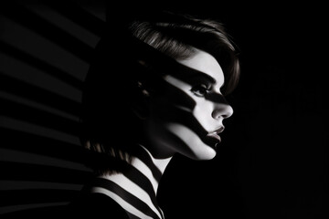 Obraz premium Bold portrait of a woman with minimalist lines and dramatic shadows, generative ai