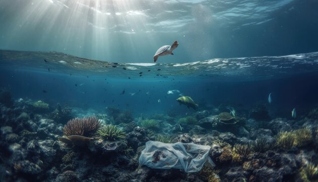 Under the ocean, a photo with garbage, caretta caretta and fish.  Environmental pollution concept. Generative AI