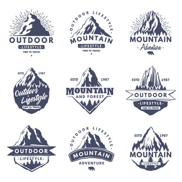 Black Forest and Mountain Logo for Outdoor Adventure and Hiking Tourism Vector Set