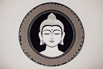 A flat illustration of the face of Buddha, with a serene expression, adorned with the Sanskrit Om Mani Padme made with Generative AI technology