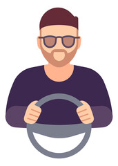 Man with steering wheel. Driver avatar. Chauffeur character